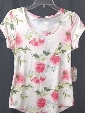 Splash Floral Scoop Neck Tee - Pink & Green on White| Size L